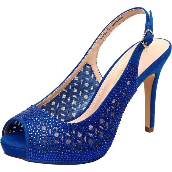⭐ Women's High Heels Royal Blue Suede Rhinestones Peep Toe Pumps Shoes - Picture 1 of 5